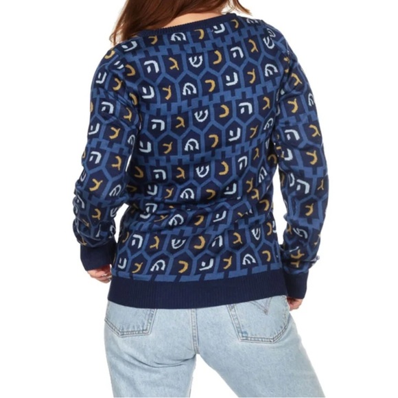 Tipsy Elves Hanukkah Dreidel Motif Sweater Women’s Medium Blue Yellow Novelty - Picture 5 of 12